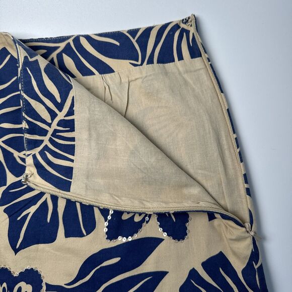 Talbots Skirt Womens 12 Tan Navy Floral Sequins Tropical Aloha Stretch Cotton - Picture 5 of 12